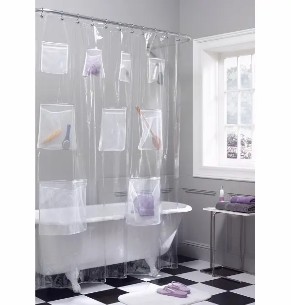 Maytex Shower Curtain For Small Bathroom With Mesh Storage Pockets