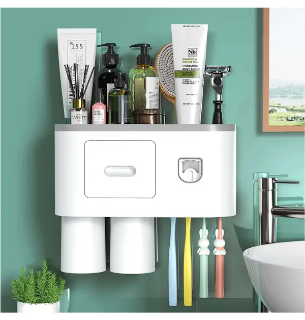 Showgoca Wall Mounted Automatic Toothpaste Dispenser Squeezer Toothbrush Holder